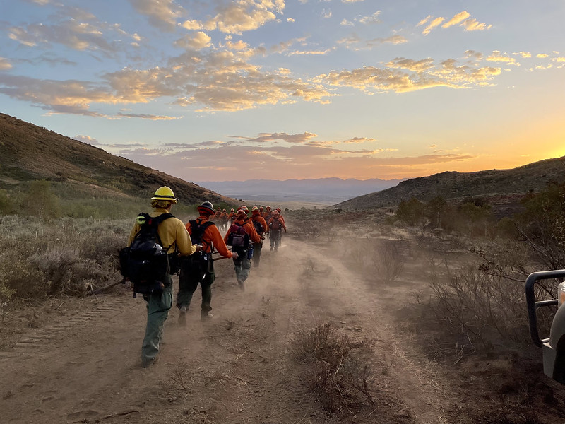 Nevada Division of Forestry crew from Carson hiking off the Green fire (Humboldt National Forest incident) to camp. Taken in the Ruby Mountains by Jiggs, Nevada.